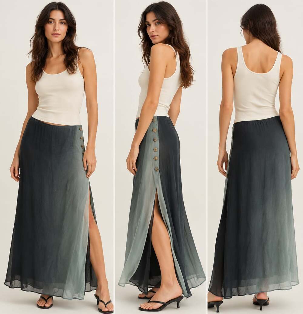 Citron Santa Monica 100% Silk Ombre Maxi Skirt Side Slit Boho L